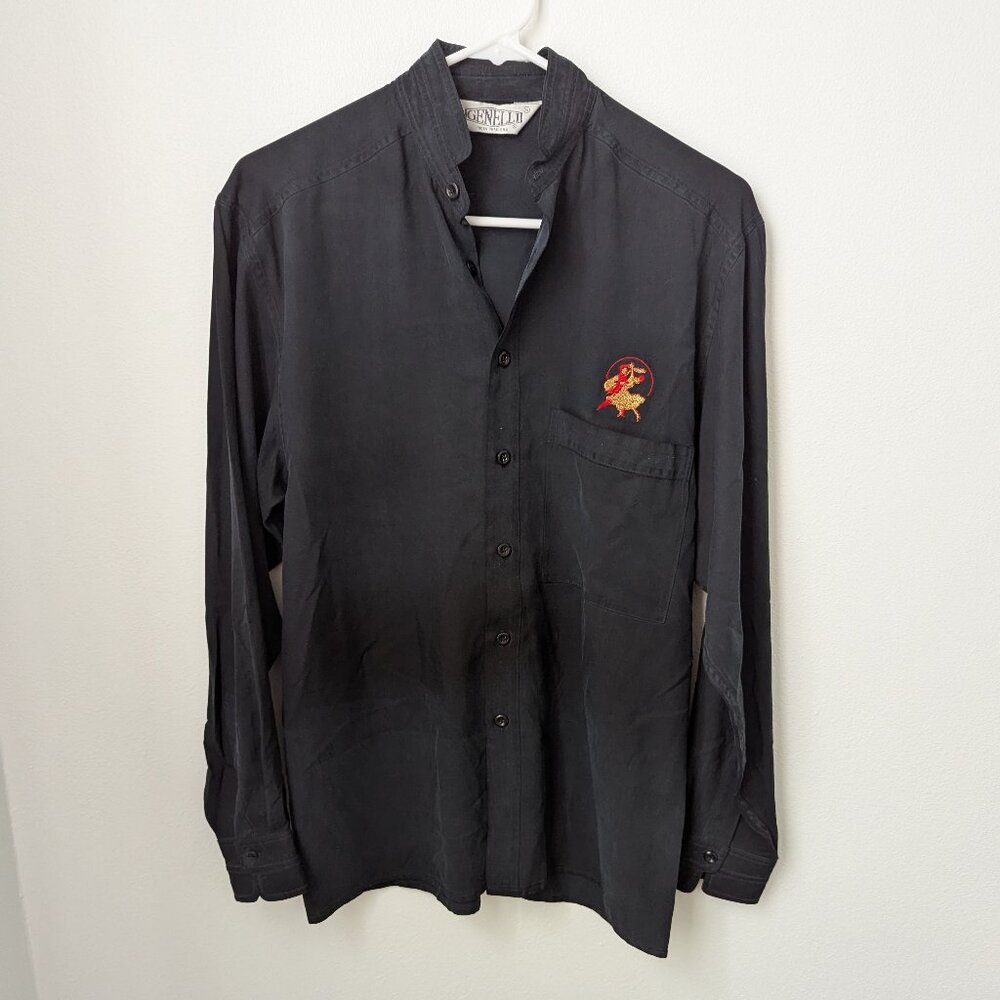 Genelli 100% Pure Silk Navy Button Down Shirt, Small